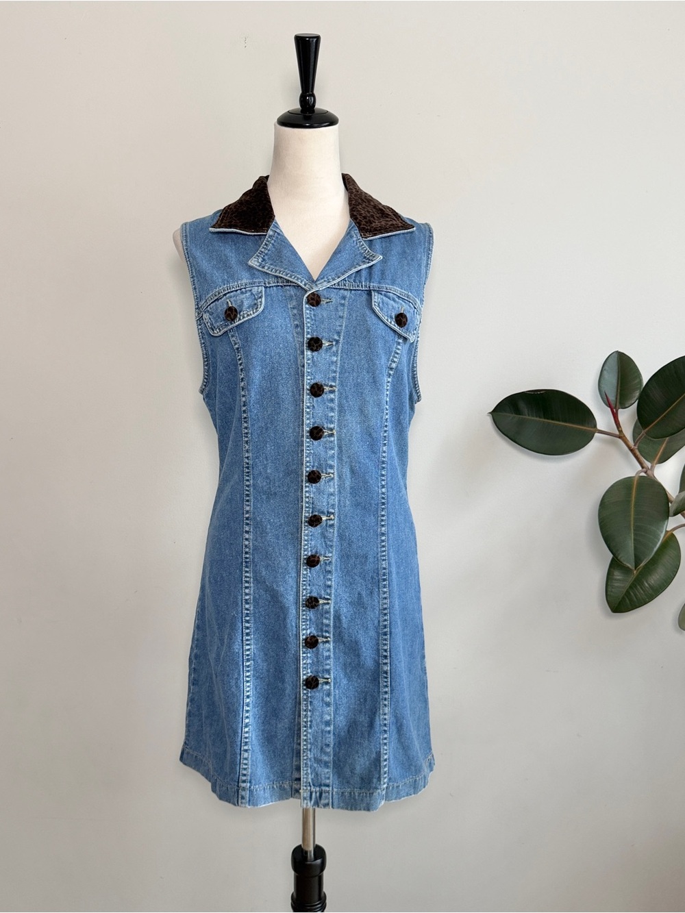 Vintage Denim Velvet Animal Print Collar And Buttons Mini Dress 6 - Picture 3 of 6